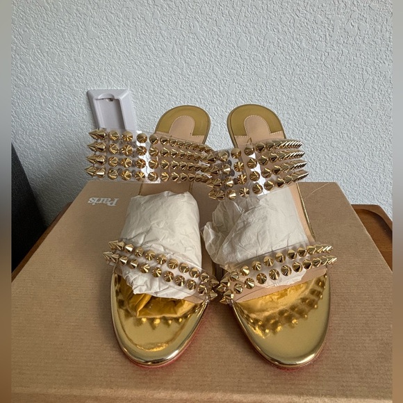 Christian Louboutin Spikes Only 85 Gold PVC Slide Mule Open Sandal Heel Pump 35 - Picture 2 of 10